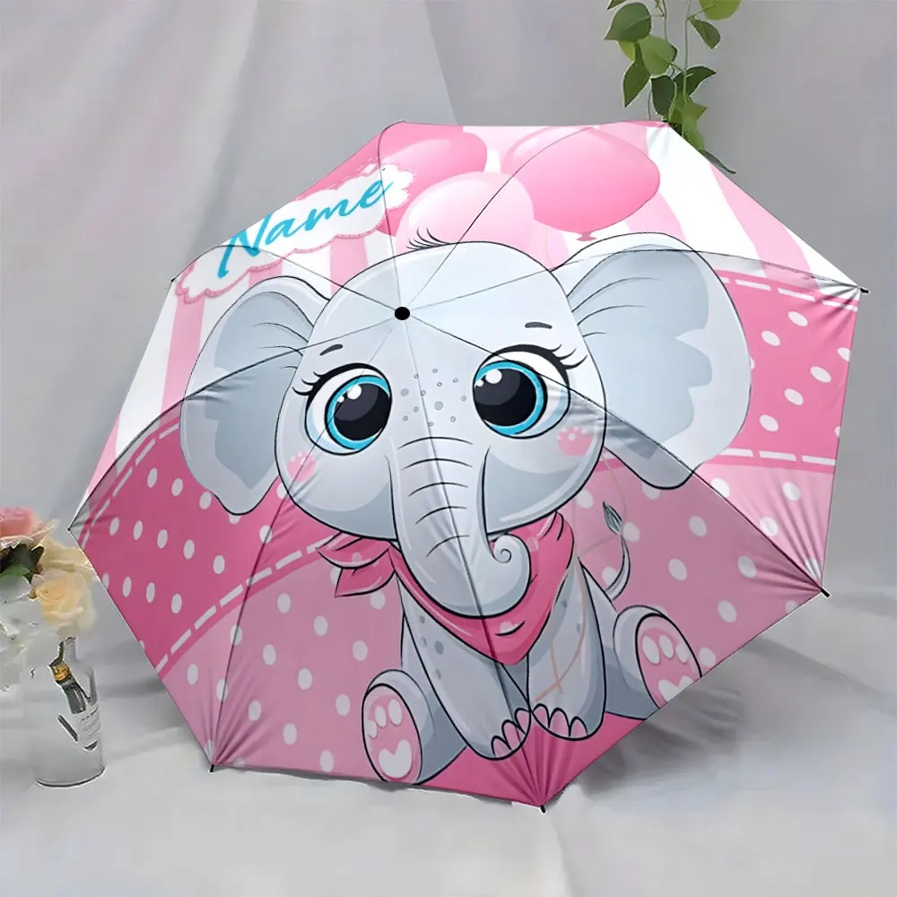 Custom Name Adorable Elephant-Themed Umbrella 8 Iron Ribs Folding Umbrella Auto-Open Fashionable Sunshade Deluxe Gift