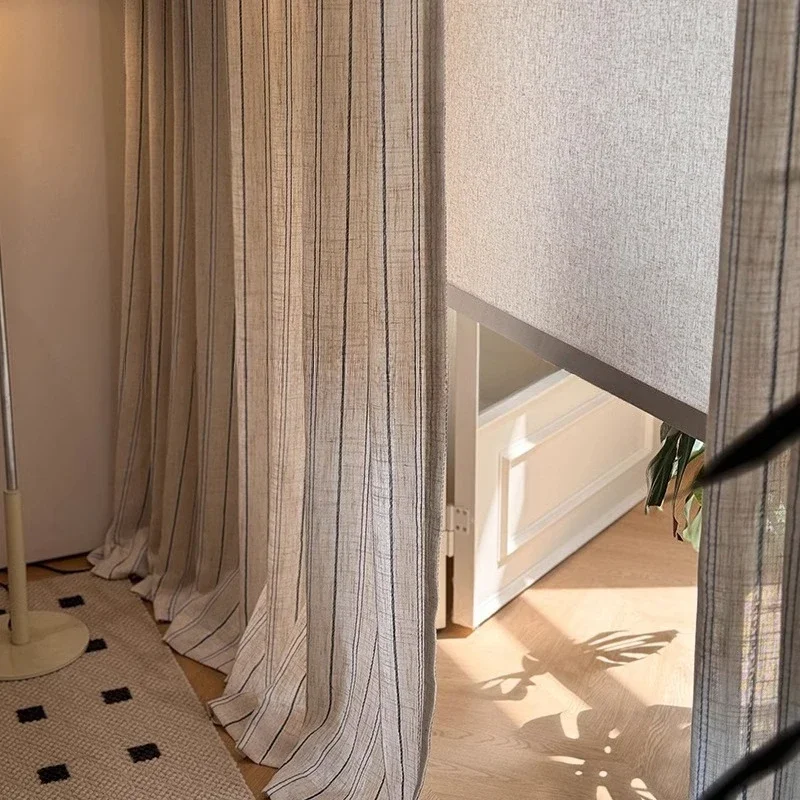 Linen Sheer Curtains for Bedroom Study Vintage Blue Striped Semi Sheer Light Filtering Roller Blind Relaxed Casual Window Drape