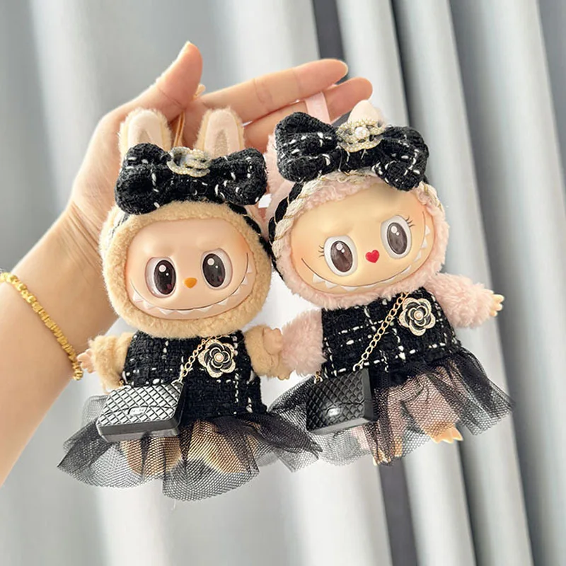 17cm Plush Doll's Clothes The Monster Labubu Outfit Accessories Clothing DIY Kids Gift Black Camellia Dress Shoes Set YD02A