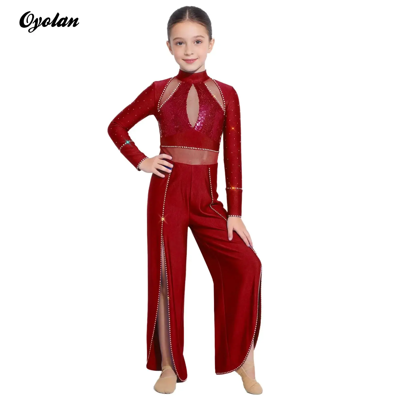 

Kids Girls Sparkly Dancewear Ballet Lyrical Contemporary Dance Performance Costume High Neck Sequin Jumpsuit Wide Leg Pants