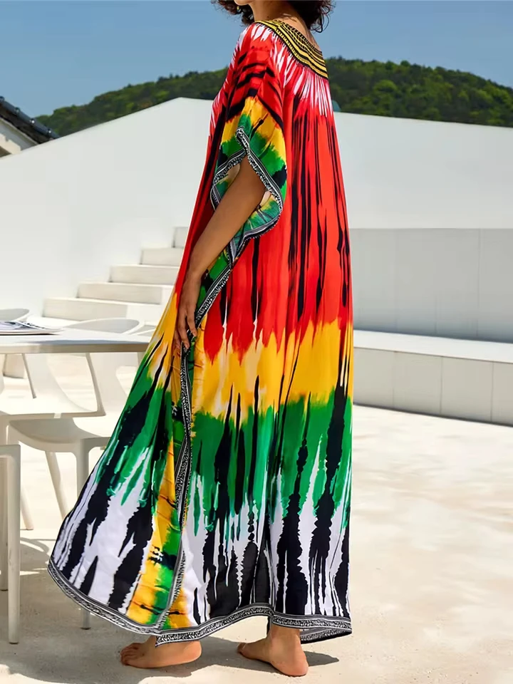 

Cover-ups Beach Dress Beachwear Female Women Beach Wear Colorful Short Sleeve V Neck Crochet Knitted Tunic Beach Cover Up V7202
