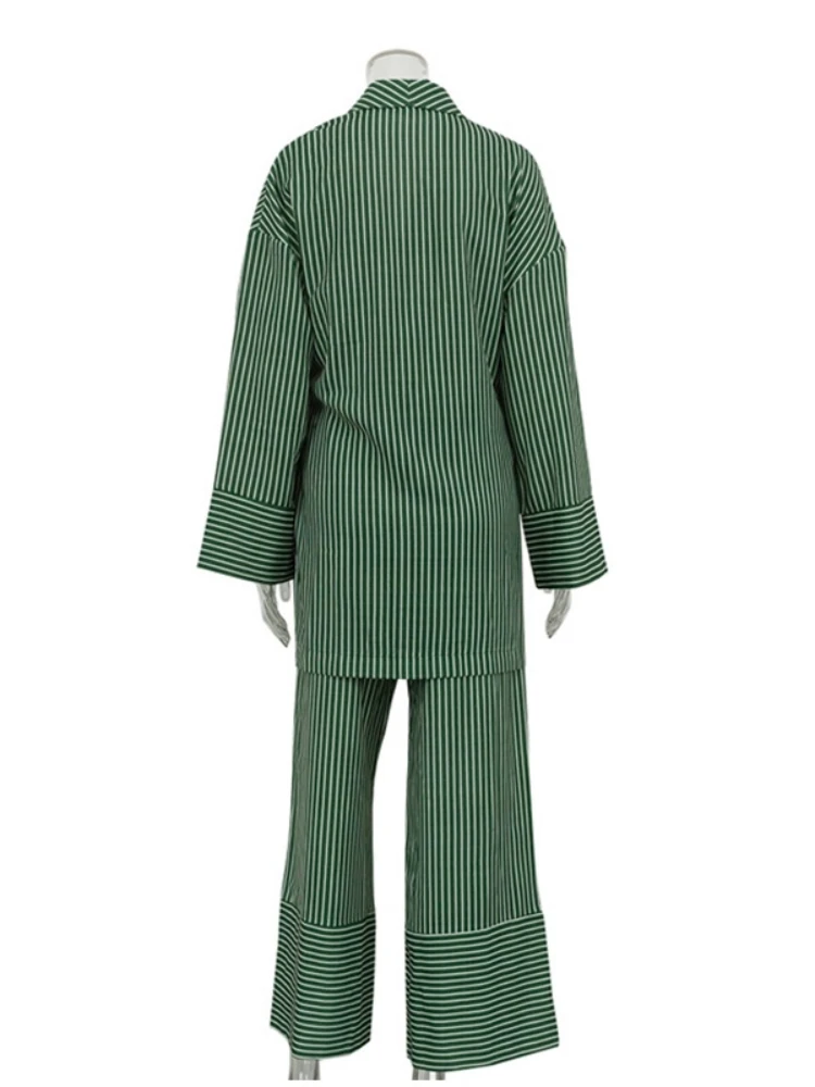 

2025 Women Fashion Stripe Top Pants Suit Solid Full Sleeve Lace Up Top Leg Loose Pant Sets Lady Summer Autumn Chic 2 Piece Set