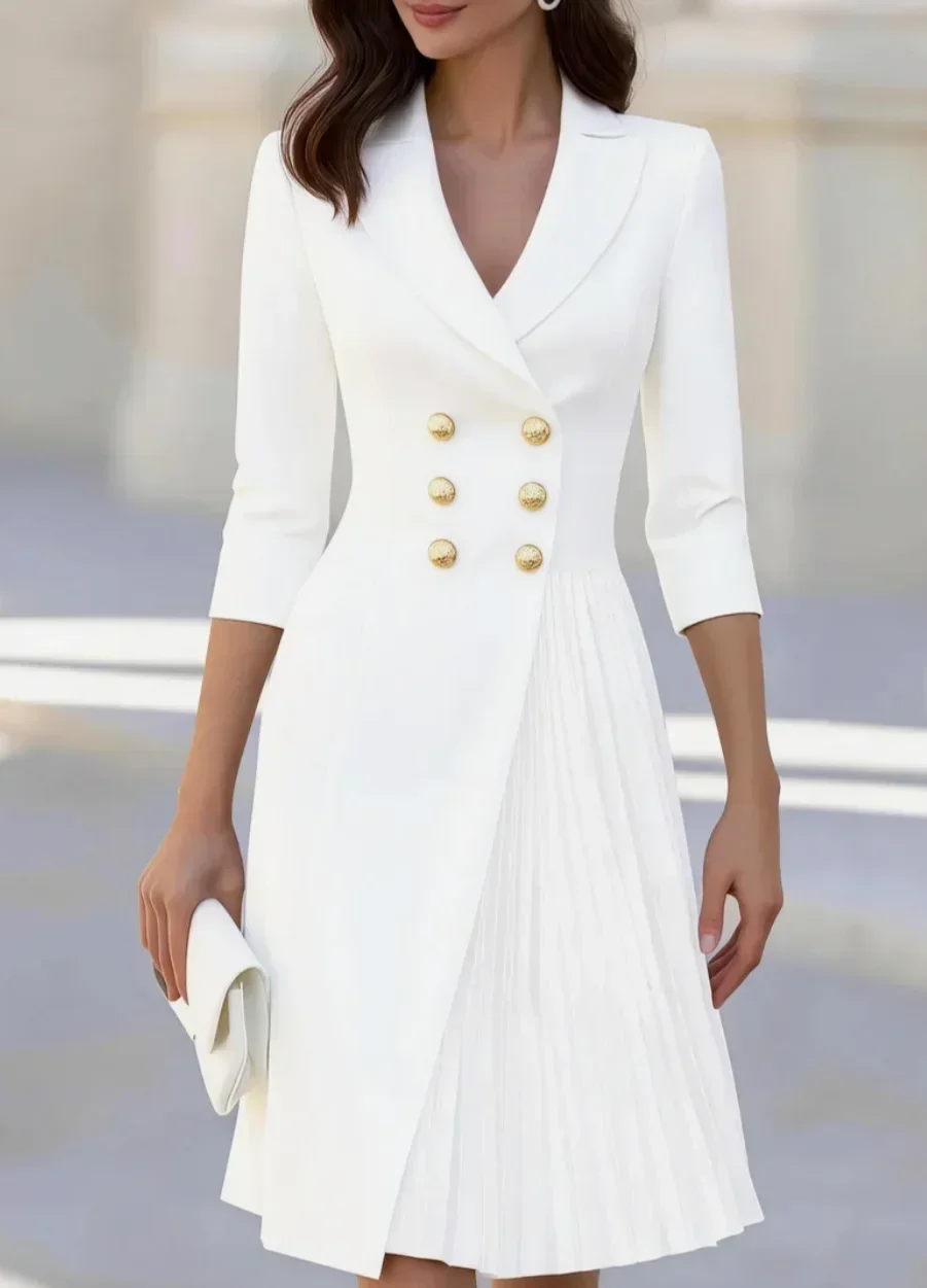 Bürodamen-Blazer-Midikleid mit gekerbtem Revers, doppelreihigen Knöpfen, 3/4-Ärmeln, plissiertem Swing-Schnitt, für Business- und Party-Anlässe. – Detail 5