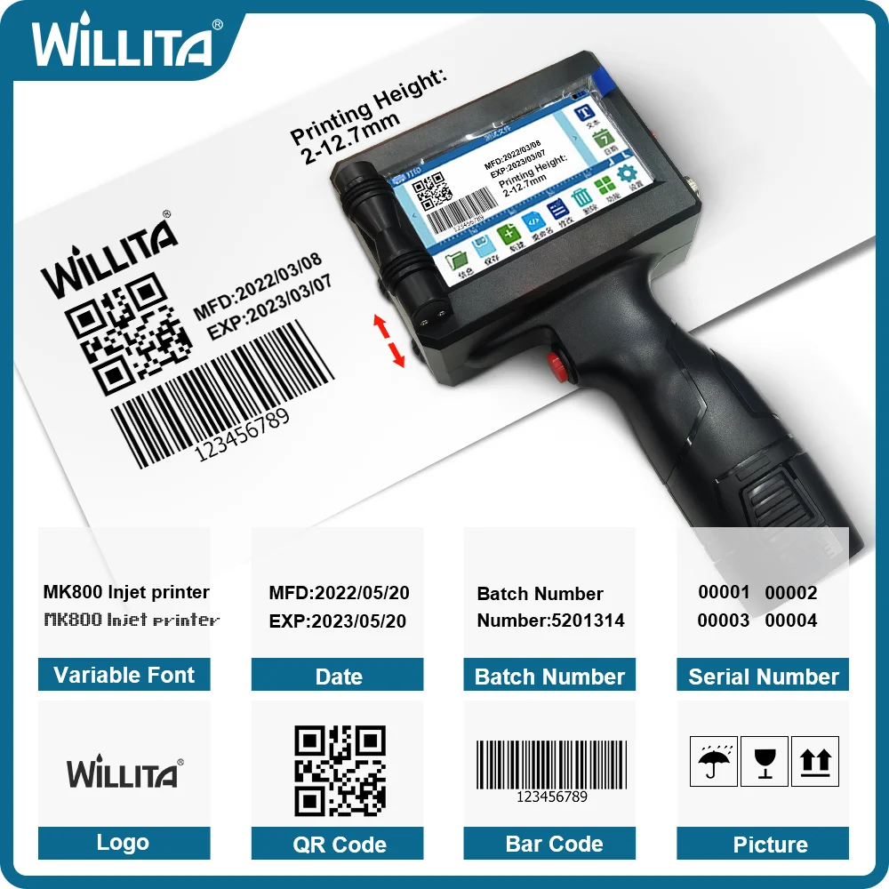 Imprimante à jet d'encre thermique portable WILLITA WK800 pour carton en plastique, verre, numéro, code QR, code à barres, logo, date d'expiration