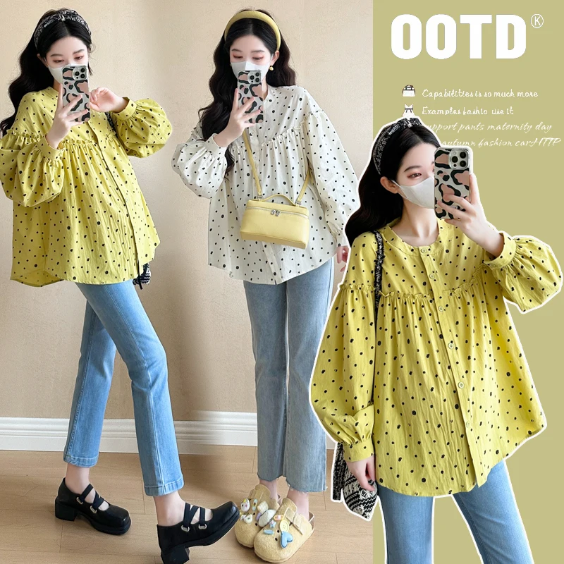 25SS Spring New Korean Fashion Maternity Shirts Sweet Loose Polka Dot Printed Ruffle Blouses for Pregnant Women Youth Pregnancy