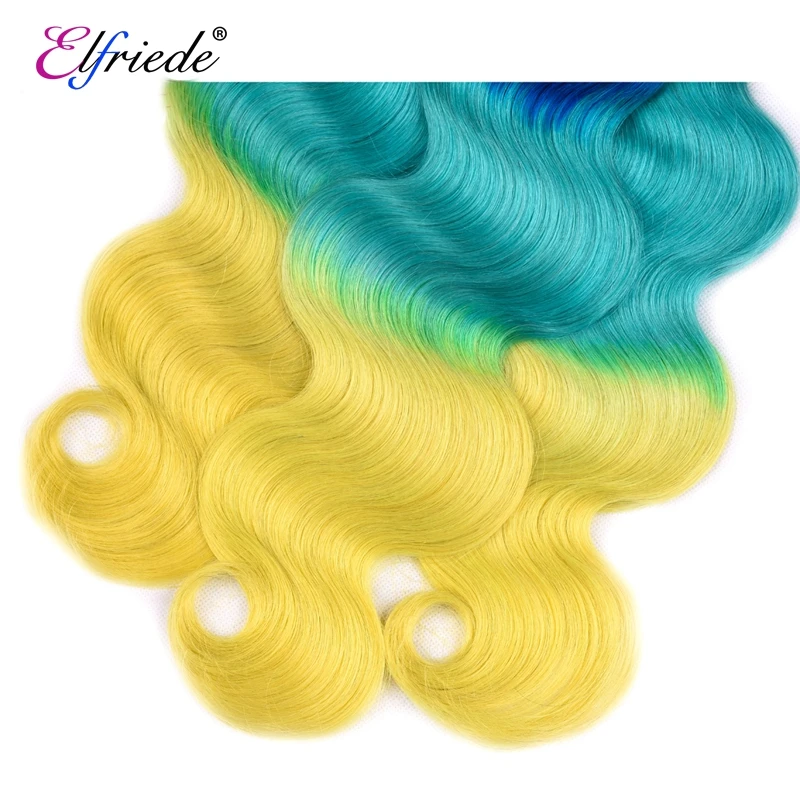 Elfriede bundel rambut berwarna Ombre untuk tubuh biru/hijau/kuning dengan ekstensi rambut manusia Frontal 3 bundel dengan renda Frontal 13x4