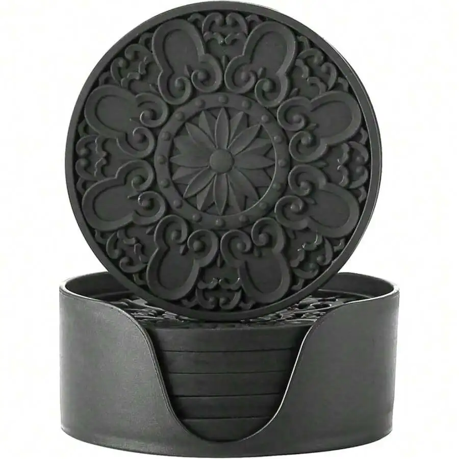 Silicone Coasters Set With Holder - 6 Pack Drink Coasters For Coffee Table Bar Desk Black view 4