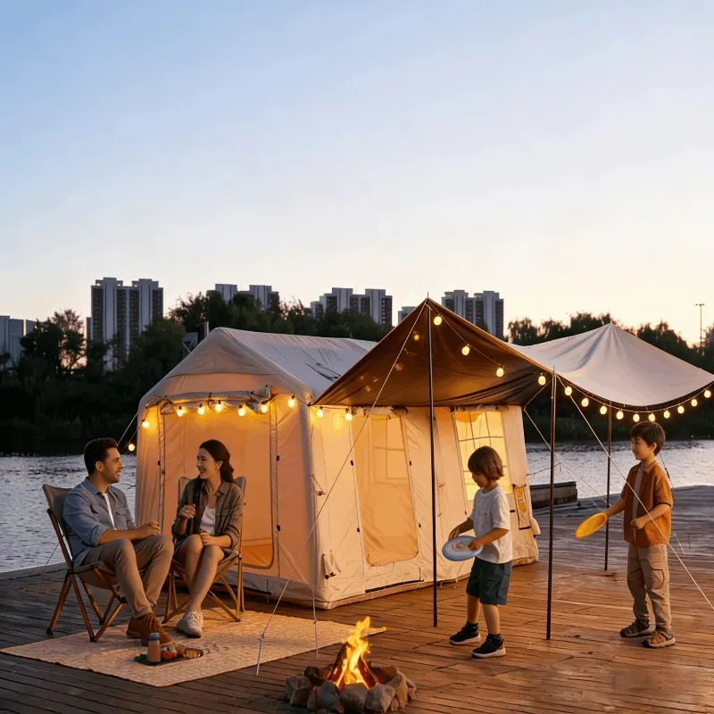 Luxury Inflatable Airbeam Lodge 12SQM Glamping Villa Awning Canopy 420D Oxford Two Room Partition Heavy Duty House Wholesale