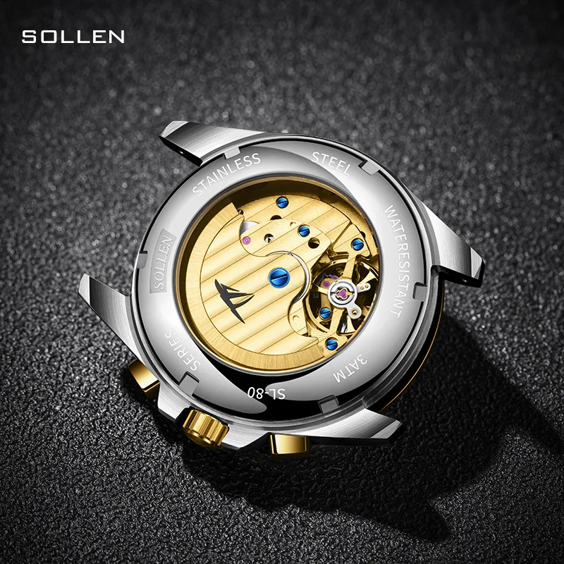 SOLLEN jam tangan mekanis pria, kelas atas Tourbillon Stainless Steel mewah safir fase bulan otomatis