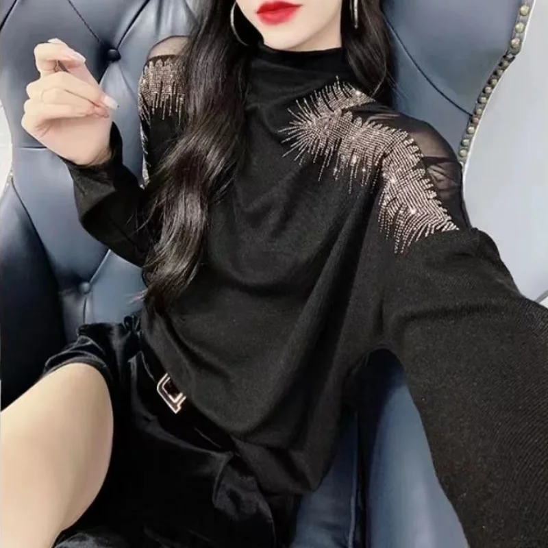 Cool Pulovers Skinny Tees Glitter Rhinestone Sexy T Shirts Female Black Clothes Long Sleeve Top for Women Aesthetic Wholesale O