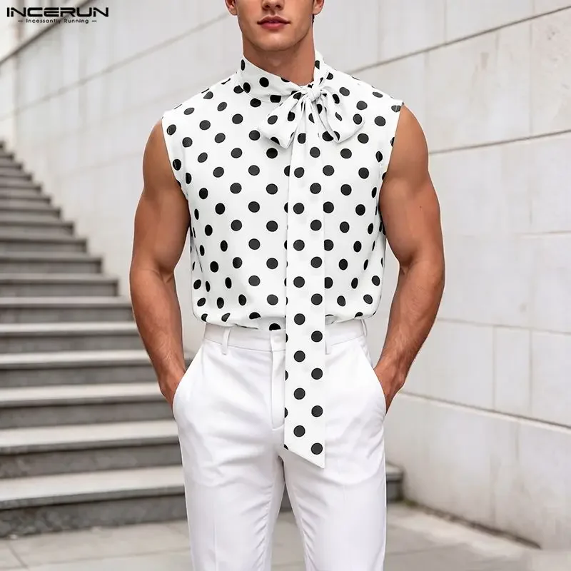 INCERUN Men's Tank Tops Polka Dot Printing Tie Up Sleeveless Men Clothes Summer Streetwear Loose Tops 2026 Fashion Casual Vests