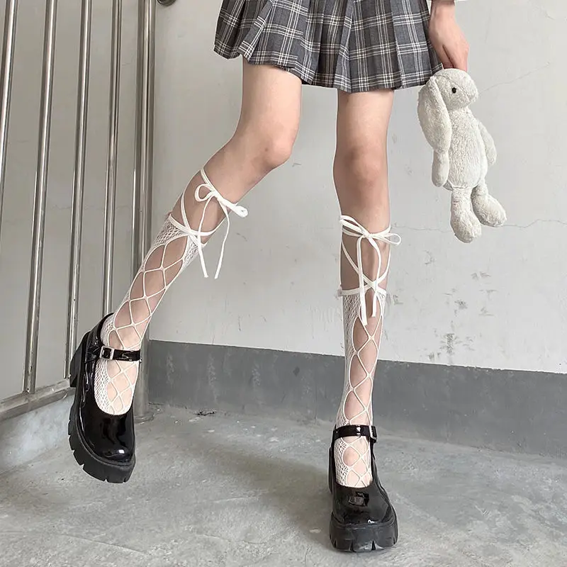 White Black Girl Cross Strap Long Socks Summer Thin Female Calf Japanese Students JK Beautiful Legs High Appearance Level Socks