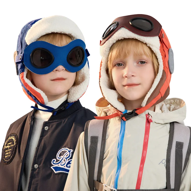 

Зимняя детская шапка Lei Feng с очками, уличные бархатные шапки для мальчиков и девочек, лыжная велосипедная защита ушей, теплые аксессуары