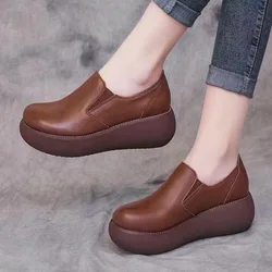 Sneakers Platform Women Shoes 2025 New Flat Wedges Fashion Round Toe Slip on Shoes for Women Leather Work Shoes Heighten Loafers