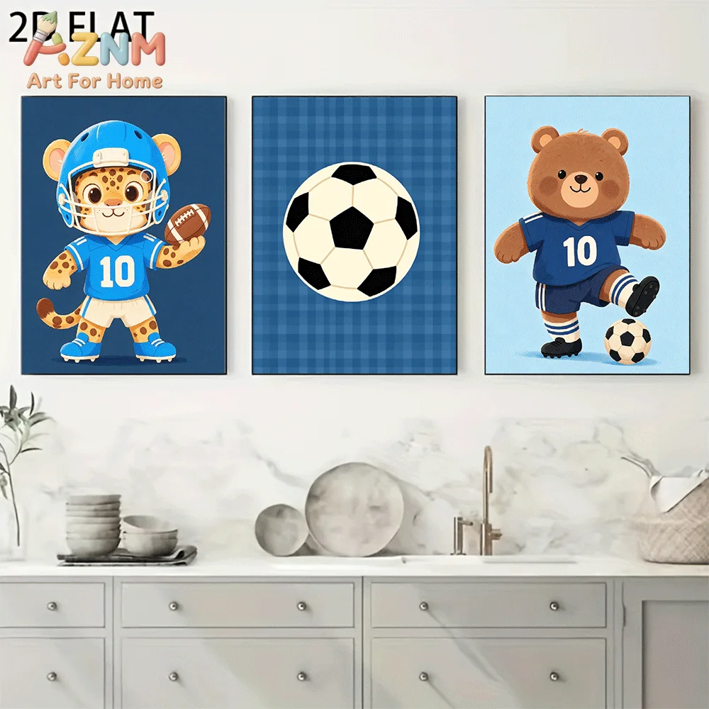 AZNM Frameless Canvas Wall Art, Cartoon Leopard Bear Football Soccer Sport Print, Cute Animal Sports Themed Wall Decor for Home