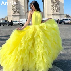 Annie Sweet Lemon Yellow Prom Dresses Handmade Tulle Multi-layer Evening Dress Sexy Backless Corset Formal Occasion Party Dress