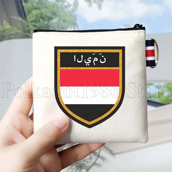 กระเป๋าใส่เหรียญผ้าแคนวาสลายธงชาติเยเมน รูปหัวใจ แผนที่ประเทศเยเมน ของขวัญรักชาติภาษาอาหรับ กระเป๋าใส่กุญแจทรงสี่เหลี่ยมเล็ก กระเป๋าใส่บัตร กระเป๋าผ้าฝ้าย