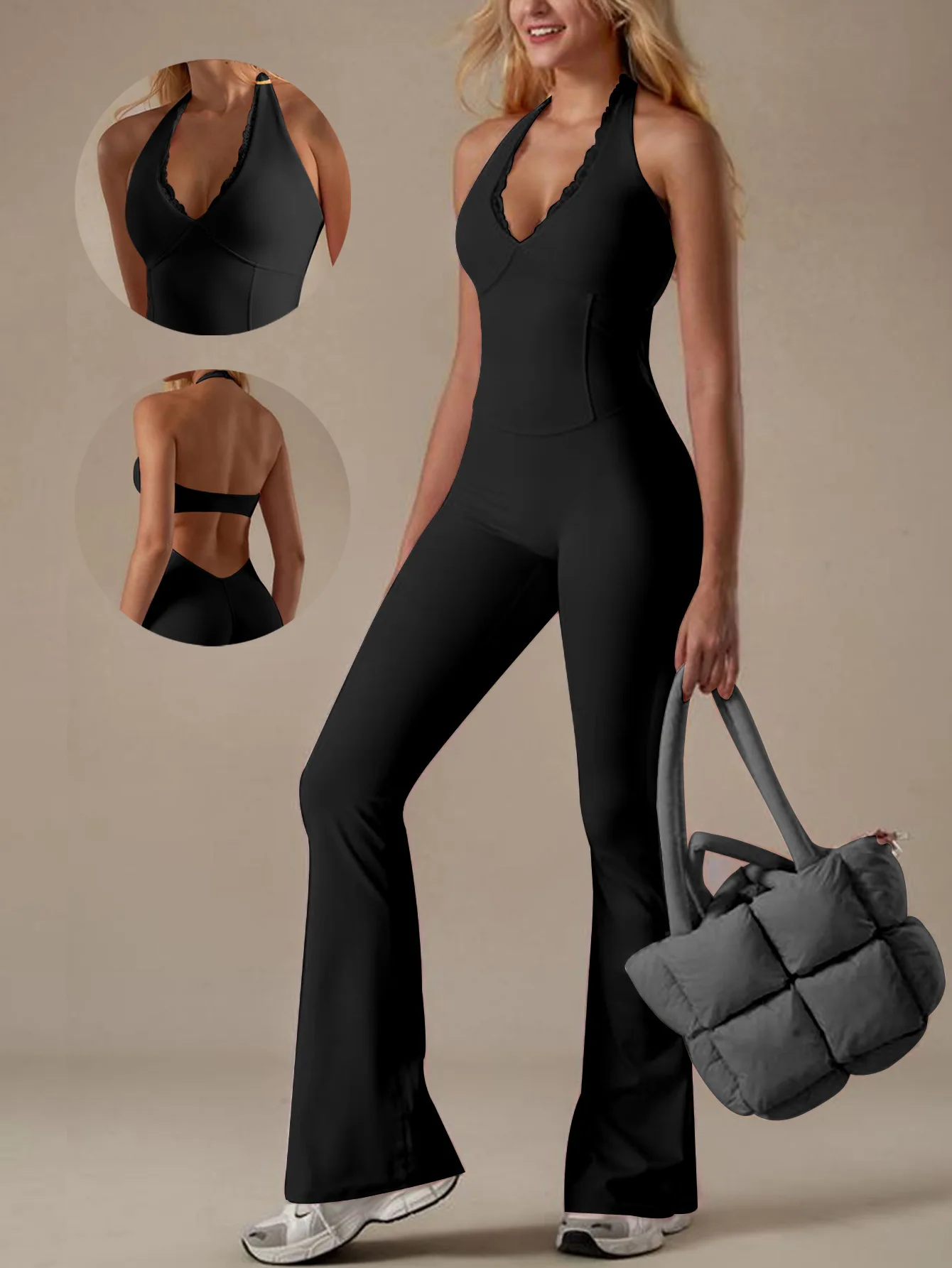 

In 2025,a must-have solid-color V-neck lace-trimmed halter-neck yoga sport one-piece flared pants in Europe and America,tight