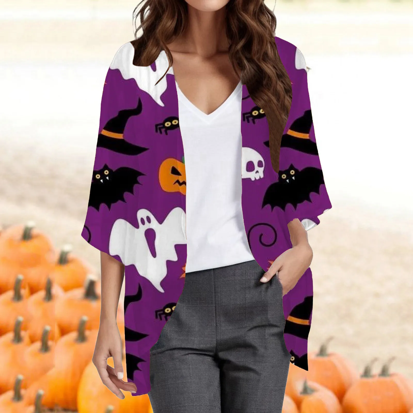 

Women's Halloween Print Casual Fashion Cardigan Loose Long Sleeve Knit Lightweight Cardigans