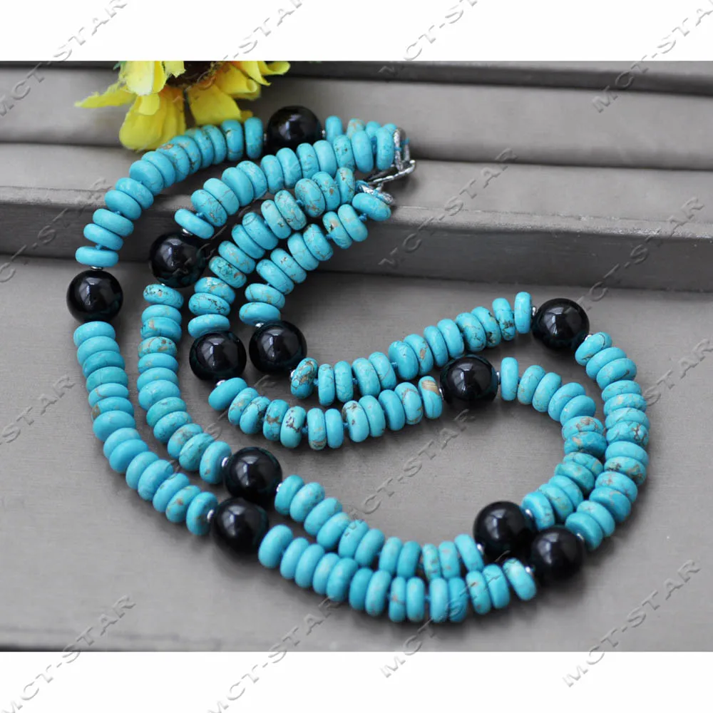 MTC·STAR Blue Rondelle Turquoise Necklace 2Row 21'' 16mm Black round Agate Jewelry for Women (Z14145)