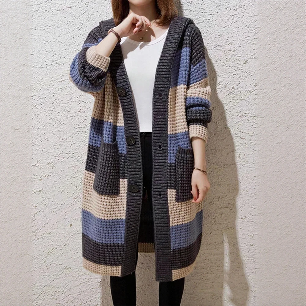 

Осенний женский кардиган, модный базовый однобортный длинный кардиган с карманами контрастного цвета и длинными рукавами с открытой передней частью