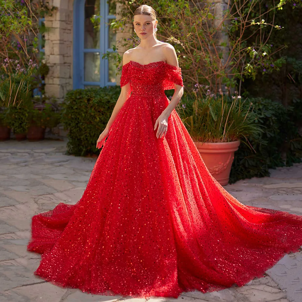 Vestido de noite vermelho brilhante personalizado fora do ombro decote em v miçangas lantejoulas tribunal trem robe de soiree vestido de festa de baile