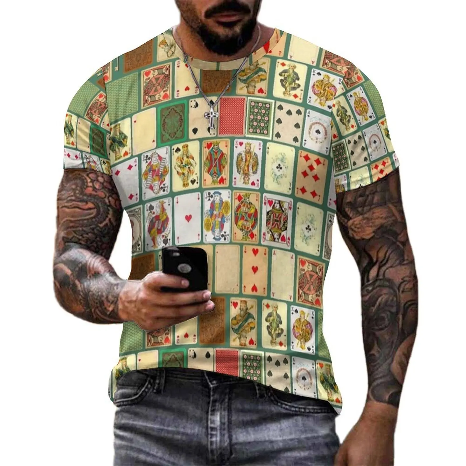 Beach T-Shirt Vintage Playing Cards on Forest Green T Shirts Street Style Retro Tees Men Short-Sleeve Graphic Oversized Clothes
