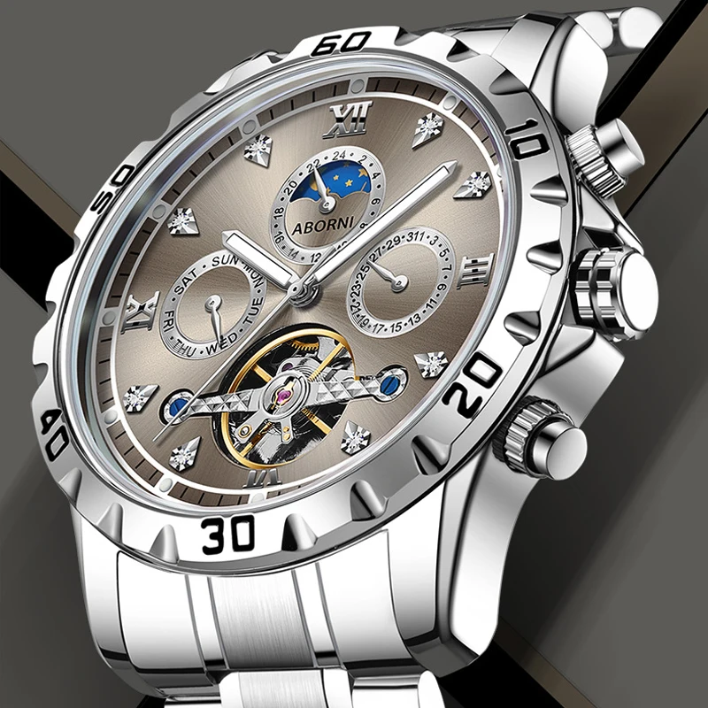 Reloj mecánico Tourbillon a la moda para hombre, reloj luminoso de acero inoxidable con fecha, semana, fase lunar, reloj hueco automático de lujo para hombre