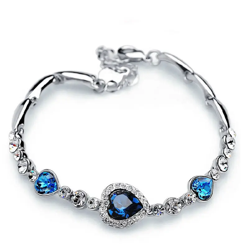 

Hot Fashion Women Girls Blue Crystal Jewelry Silver Plated Charm Bracelet Bangle Pulseras De Acero Inoxidable Para Mujer