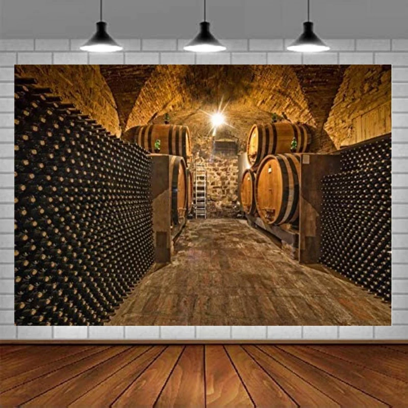 Photography Backdrop Underground Wine Cellar Oak Barrels Bottles Ladder Wood Floor Background Portrait Photo Shoot Studio Props