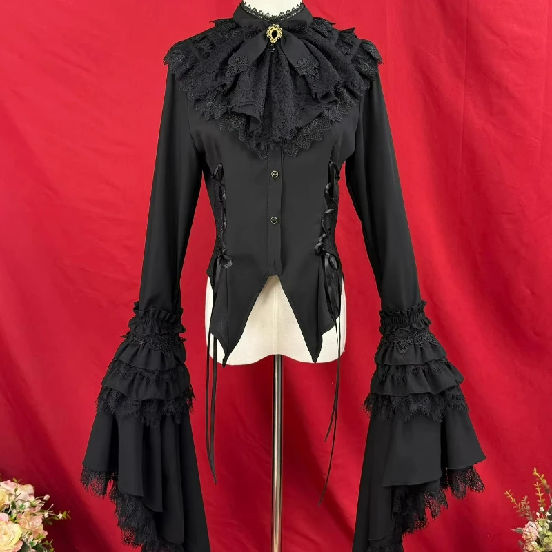 

Japanese Dark Gothic Lolita Shirt Women Vintage Elegant Bow Lace Ruffles Flare Long Sleeve Slim Blouse Harajuku Y2k Clothes Tops