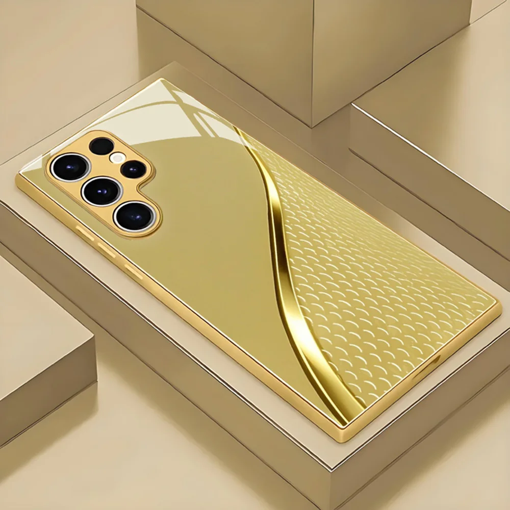 

For Samsung S25/S25 Plus/S25 Ultra Gold Plated Scale Pattern Hard Case with Tempered Glass Lens Cover