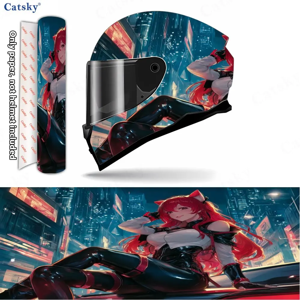 

Cyber City Cat-ear Girl Helmet Vinyl Wraps, Waterproof Scratch-Resistant Full Face Helmet Decals, Durable PVC Decoration Protect