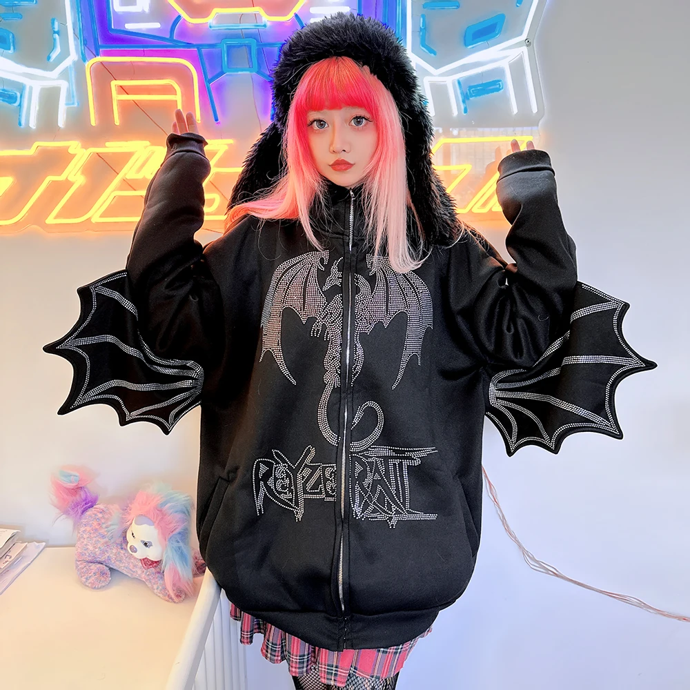 Japanese Punk Subculture Harajuku Y2K Hoodie Top Dark Diamond Bat Long Sleeve Hooded Sweatshirts Women Winter Cool Couple Jacket