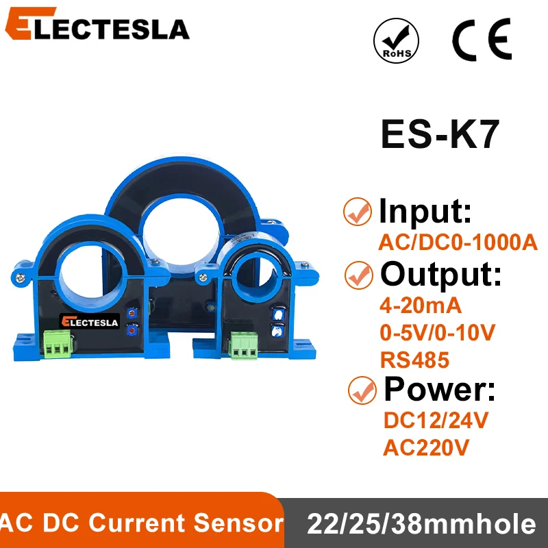 

ES-K7 Hall Current Transmitter AC DC 0-1000A 4-20mA 0-5V 0-10V Output Open Loop Split Core Current Transducer