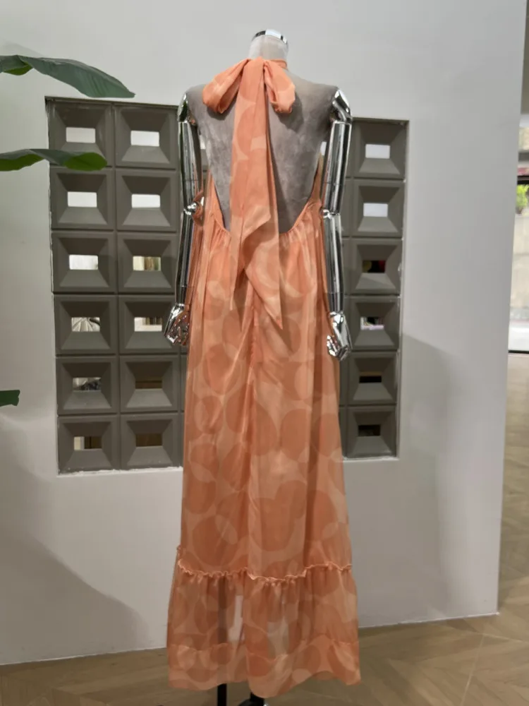 Sukienka damska DFDG na sezon resort 2025, zwiewna, z dekoltem typu halter, bez pleców, bez rękawów, z falbanami, warstwowa, długa, codzienna, w stylu boho, idealna na wakacje na plaży.