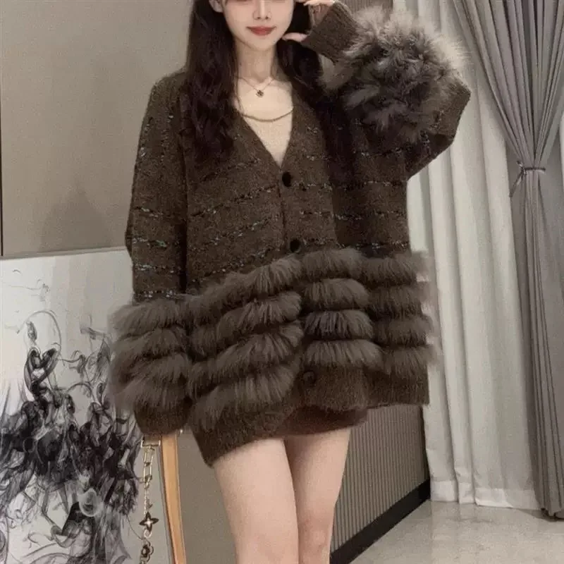 

Женский свитер с v-образным вырезом, корейский вязаный кардиган с ленивым сращиванием, ранняя весна-осень, новое универсальное пальто из искусственного лисьего меха, топ