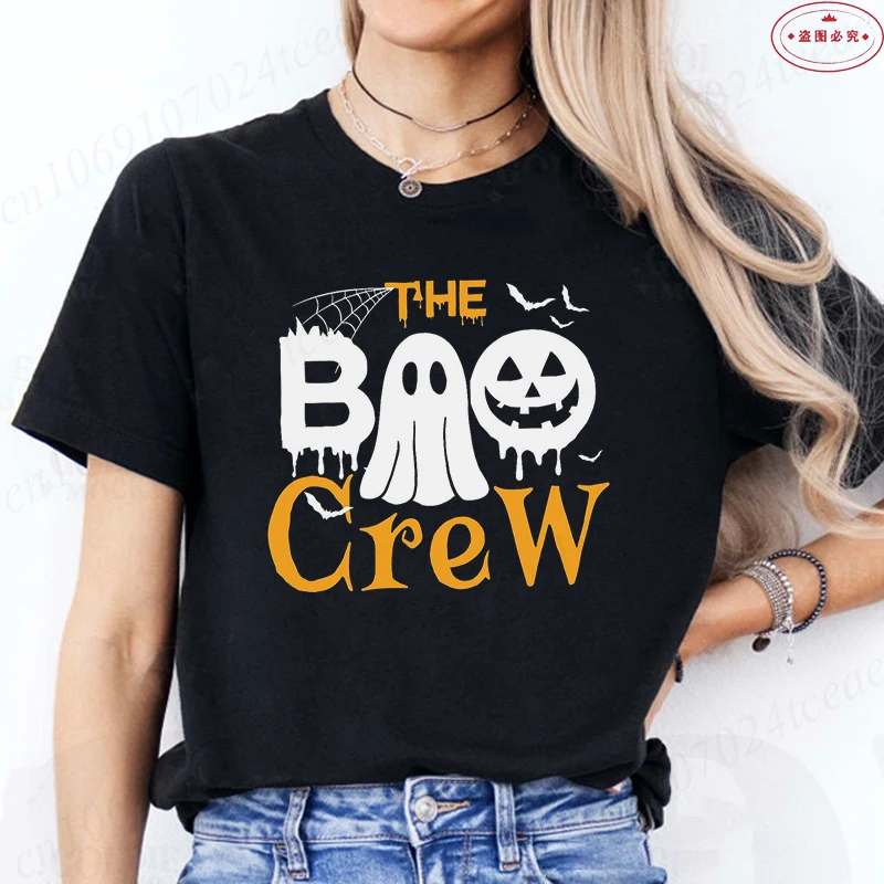 The Boo Crew T Shirts for Women Short Sleeve Tops Spooky Boo Pumpkin Tees Halloween Party Cartoon Casual Tee Female Clothes