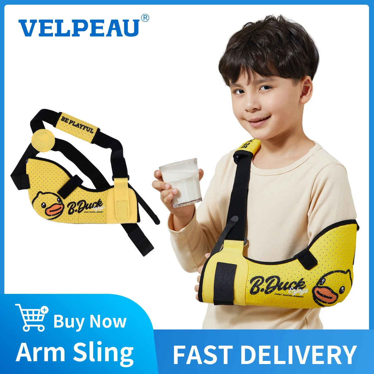 VELPEAU Kids Arm Sling for Broken Forearm, Fracture Shoulder Immobilizer with Waist Strap for Child Skin Friendly and Latex-free