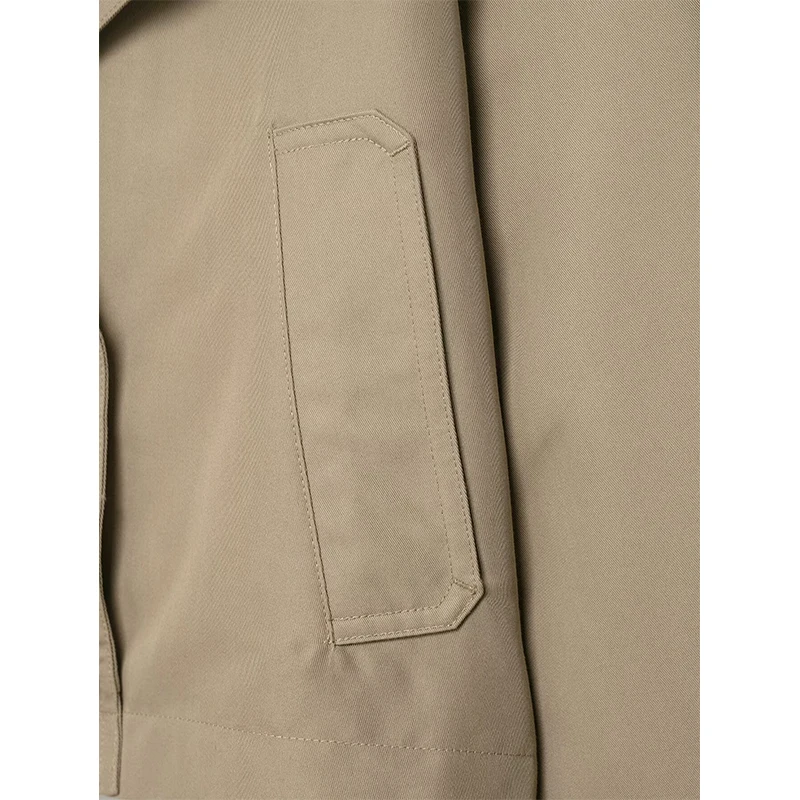 Damski płaszcz trencz dwurzędowy, krótki, z kołnierzykiem, długi rękaw, płaszcze w stylu vintage, elegancka odzież wierzchnia, szykowne topy.