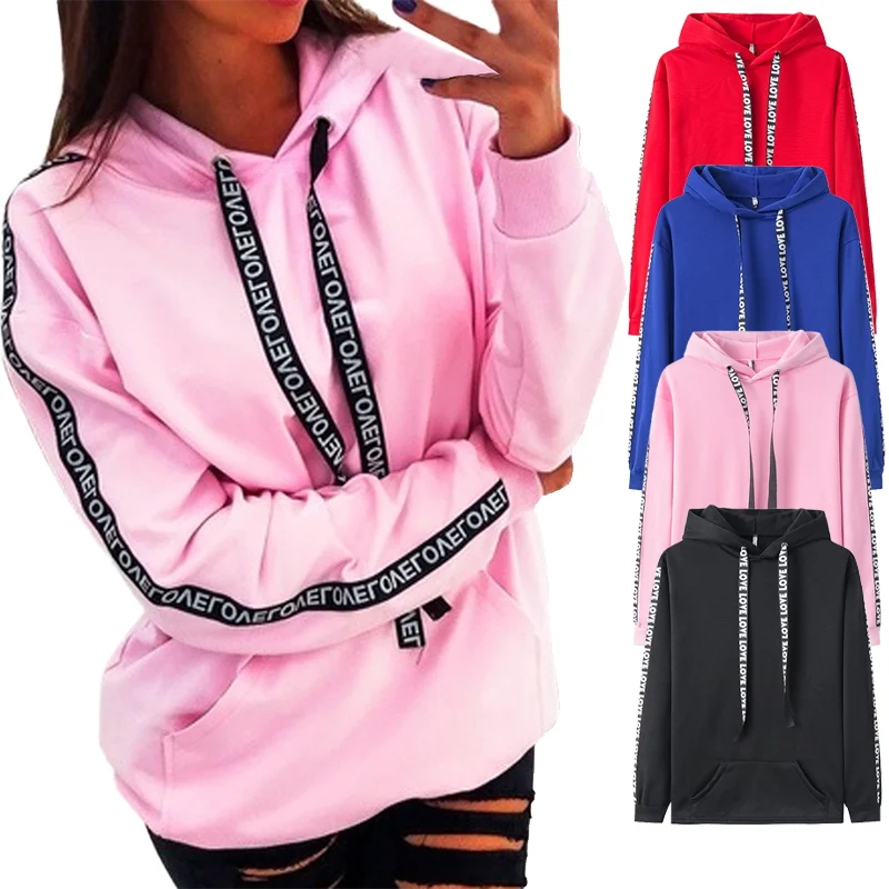 Fashion Women Casual Long Sleeve Letter drawstring  Sport Hooded Sweatshirt Pullover Tops Spring And Autmum S-3XL For 4 Colors