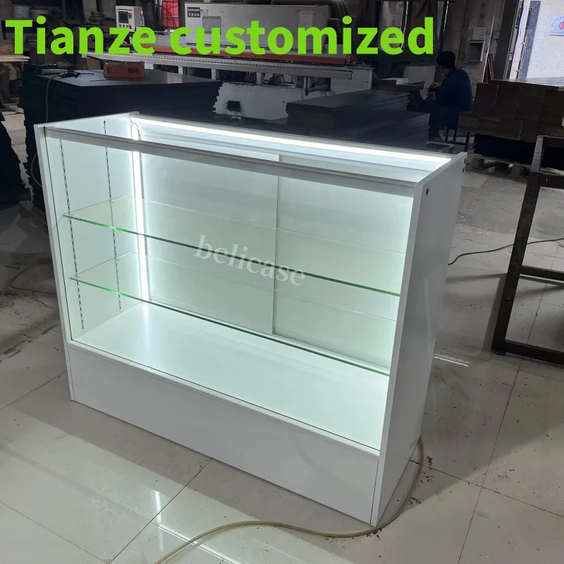 

(customized)Shop Design Wood Glass Dispensary Display Counter Lockable Show Displays with Led lights Smoke Shop