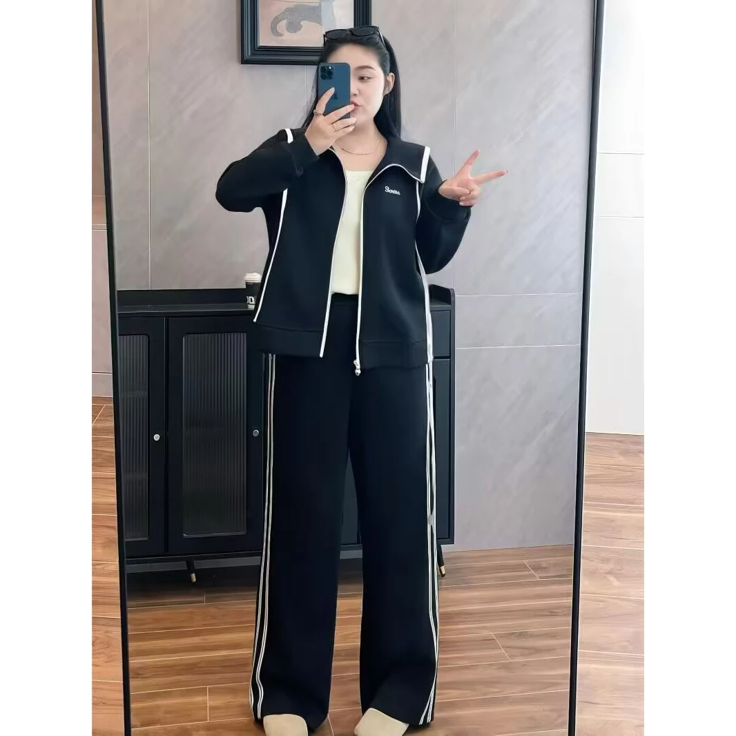 Large Size Sportswear Set for Women with Hoodie Cotton-Like Diagonal Pattern Long Pants Two-Piece Outfit Casual Sportswear