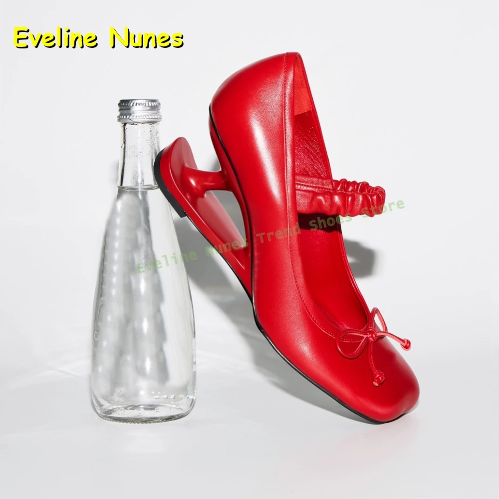 Red Shaped Heel Bowknot Mary Jane Shoes Apple Head Shallow Elastic Band Cut Out Pleated Lady Fashion Pumps 2026 Spring New Style