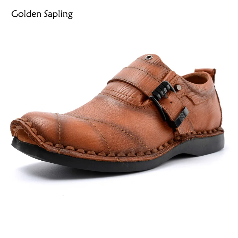 

Golden Sapling Retro Men's Casual Shoes Genuine Leather Loafers Platform Footwear Leisure Party Flats Western Work Shoe for Men