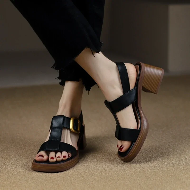 Summer Retro Platform Sandals Female Roman Thick Heeled Shoes Belt Buckle Open Toe Square Head High Heels Sandalias