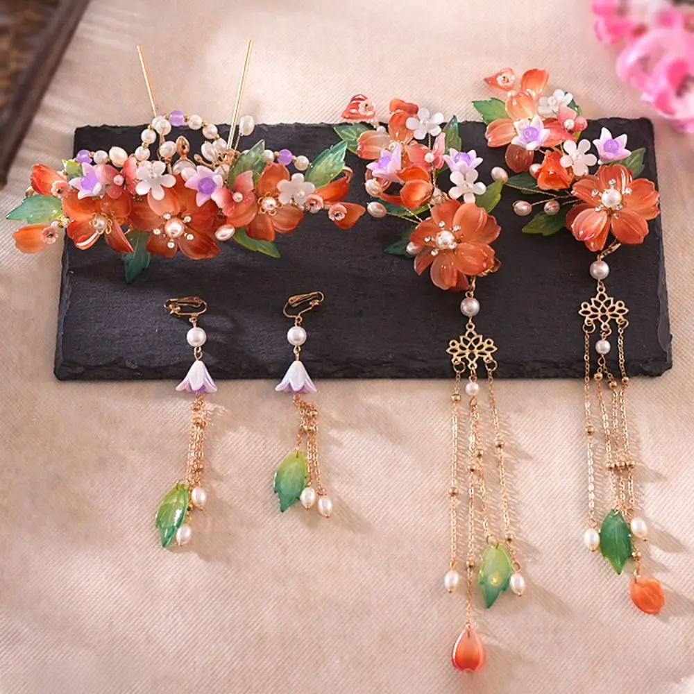 

Antique Tassel Chinese Style Hairpin Set Pearl Earring Hanfu Hair Stick Headwear Alloy Flower Hair Comb Hairstyle Design Tool