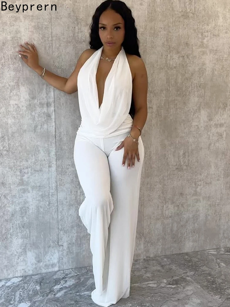 

Beyprern Элегантный белый спортивный костюм, комплект из 2 предметов, женский укороченный топ с лямкой на шее и рюшами и одинаковые брюки, комплект одежды для ночного клуба