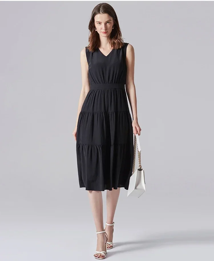 فستان نسائي عالي الخصر 100% فساتين حريرية حقيقية للنساء 2024 فستان أسود ميدي فستان صيفي نسائي عتيق Zjt2218