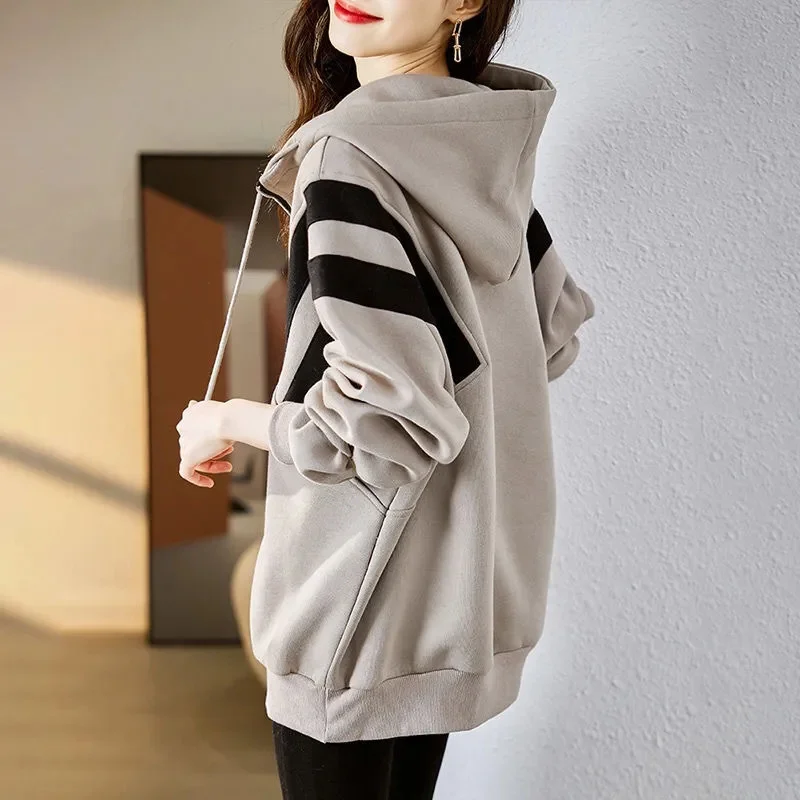 2023 New Hooded Sweatshirt Women's Spring and Autumn Thin Pullover Zipper Top Cotton Blouser Spring Autumn Coat Shoulder Drop